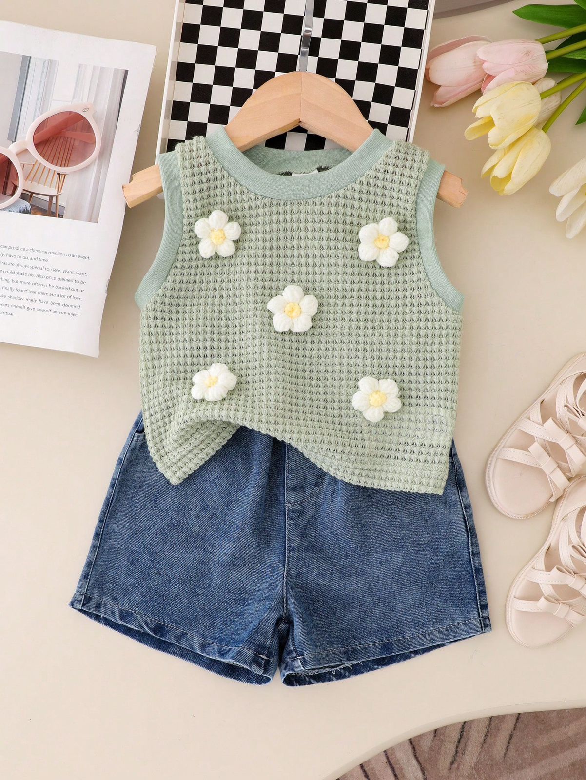 طقم بناتى شي ان توب ورد+شورت جينز