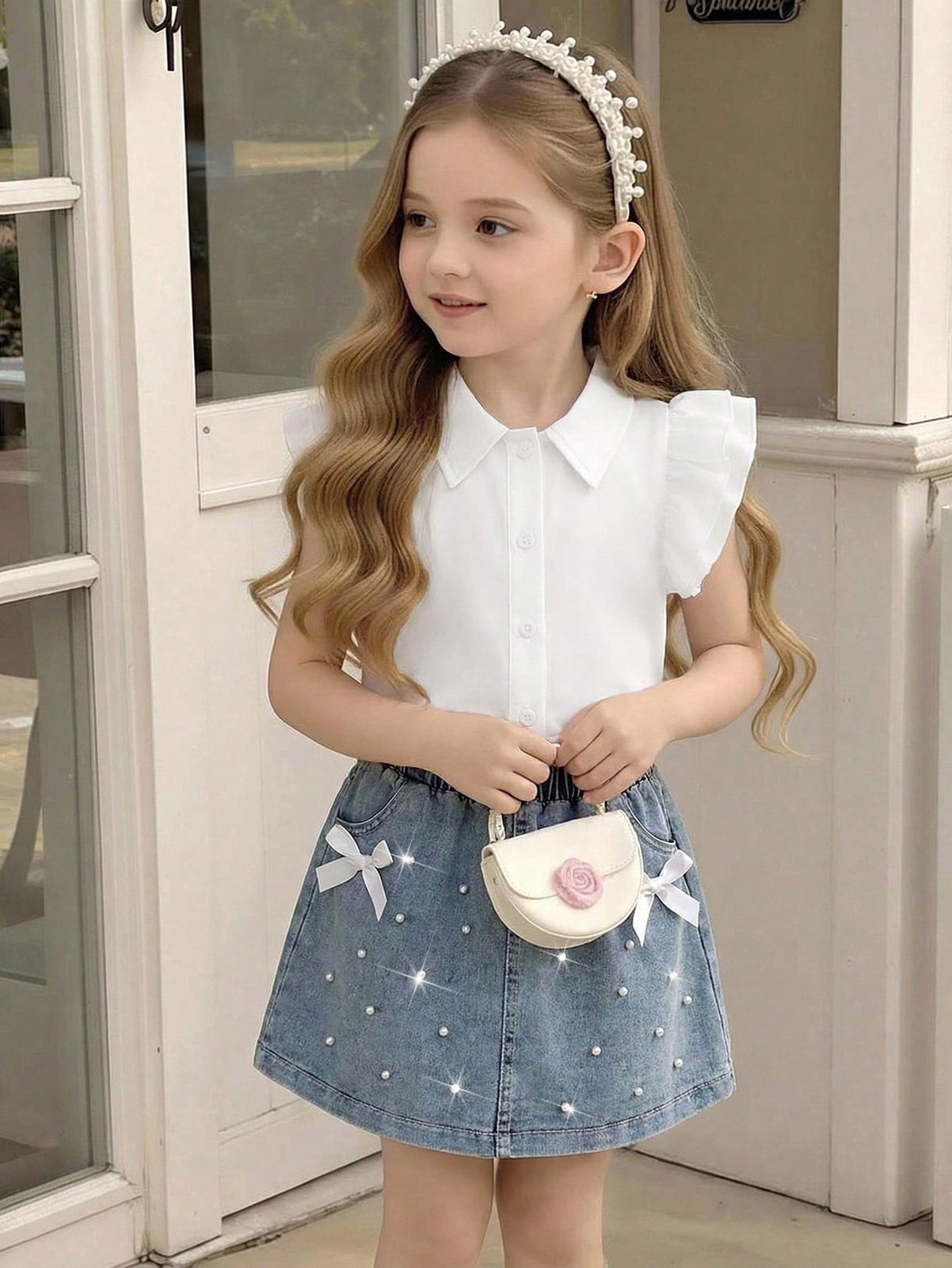 طقم بناتى شي ان سكيرت لولى وفيونكات +بلوزة حرير