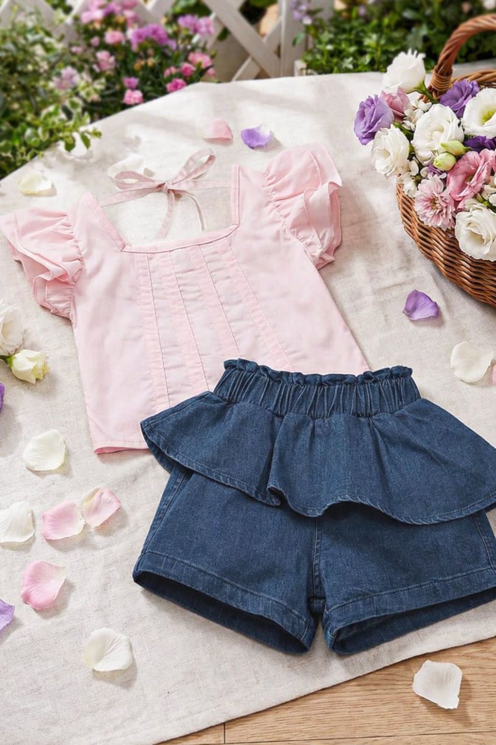 طقم بناتى توب+شورت جينز كرانيش