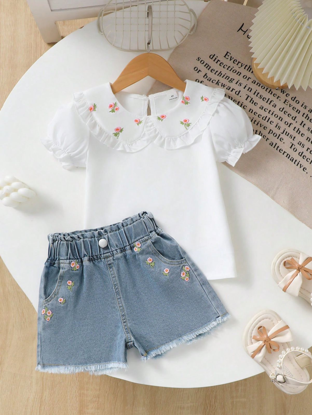 طقم بناتي شي ان توب ورد+شورت جينز ورد