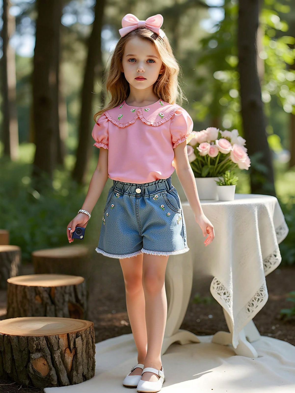 طقم بناتي شي ان توب ورد+شورت جينز ورد